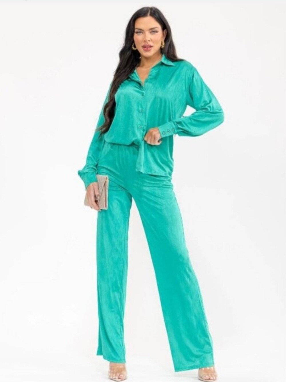 Satin Button-Front Wide-Leg Jumpsuit - Teal SM